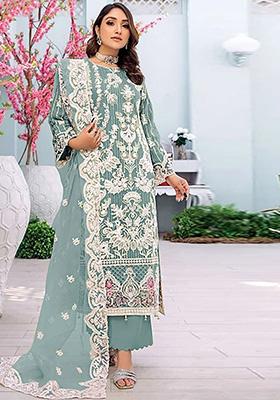 Light Grey Embroidered Faux Georgette Kurta Set
