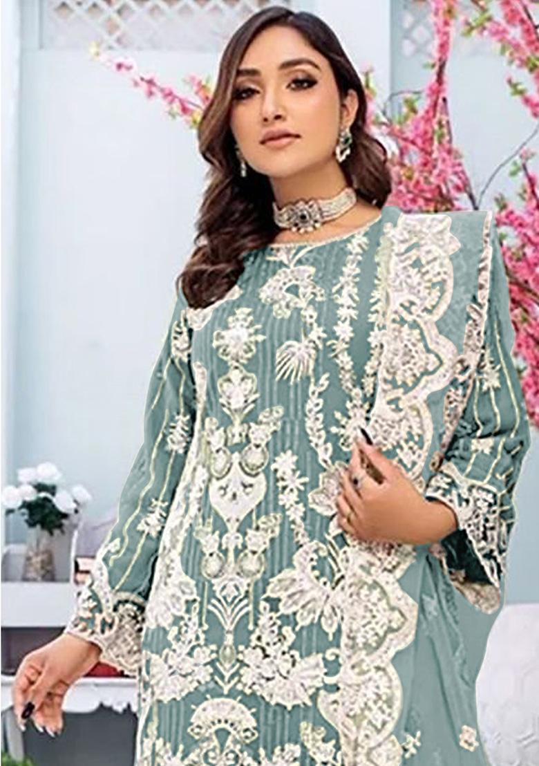 Light Grey Embroidered Faux Georgette Kurta Set