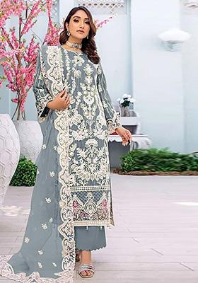 Light Grey Embroidered Faux Georgette Kurta Set