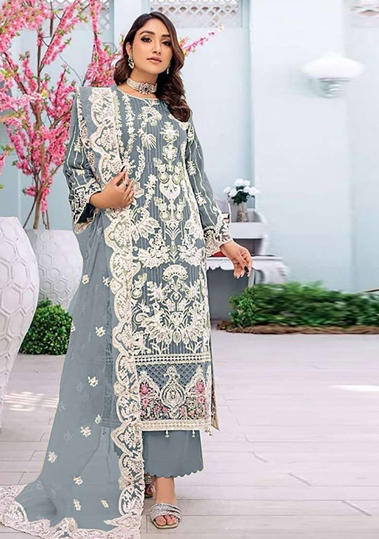 Light Grey Embroidered Faux Georgette Kurta Set - Indya