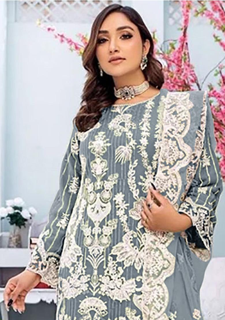 Light Grey Embroidered Faux Georgette Kurta Set