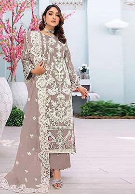 Peach Embroidered Faux Georgette Kurta Set