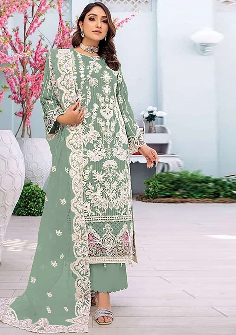 Light Green Embroidered Faux Georgette Kurta Set - Indya