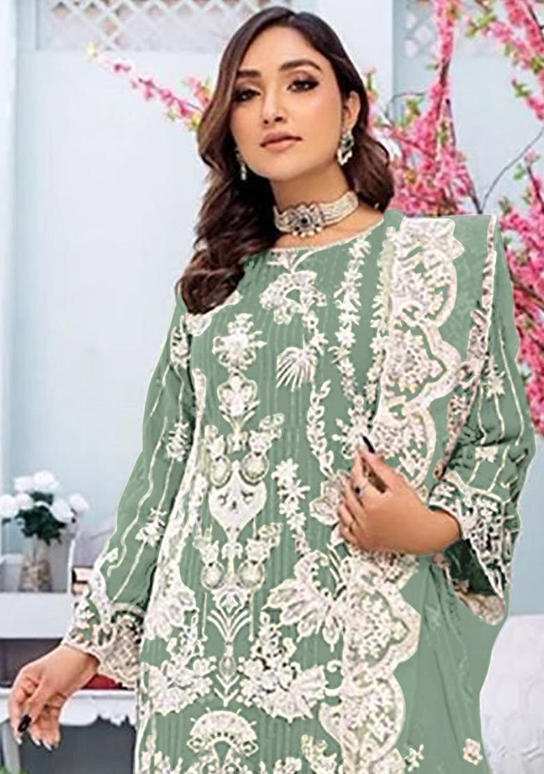 Light Green Embroidered Faux Georgette Kurta Set