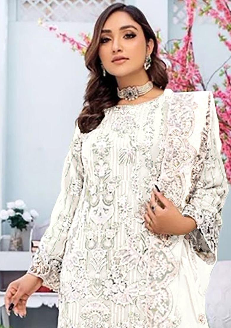 White Embroidered Faux Georgette Kurta Set