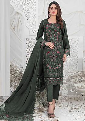 Dark Green Embroidered Faux Georgette Kurta Set