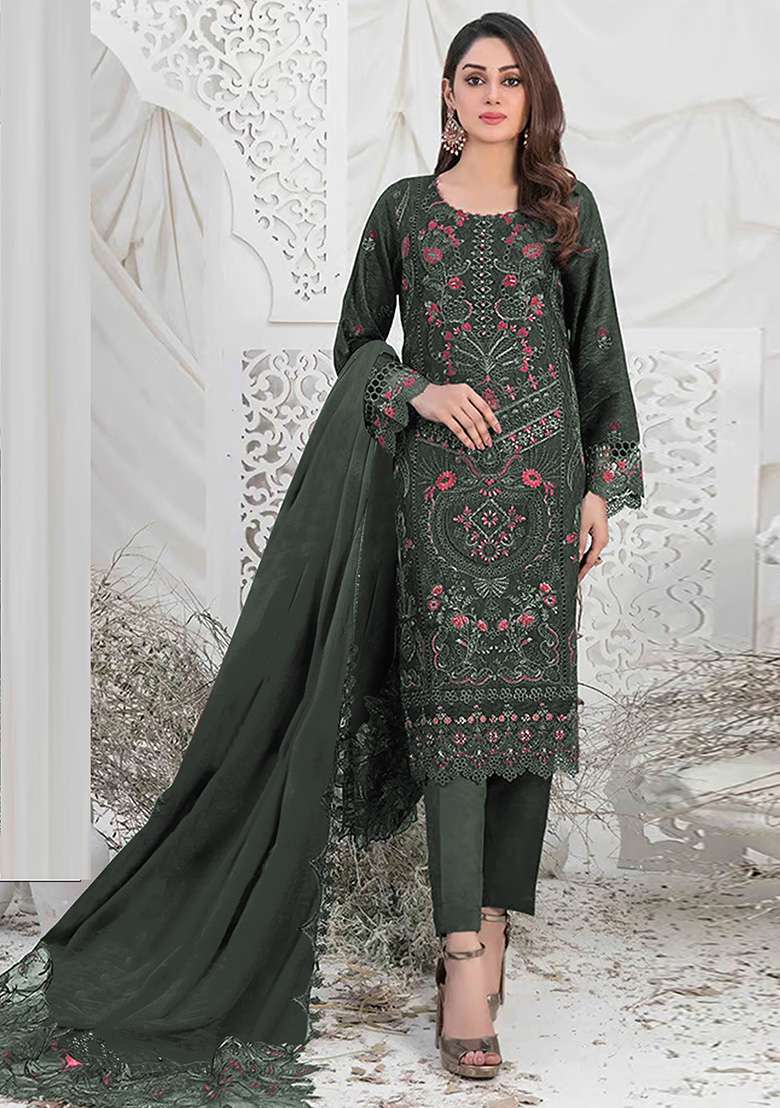 Dark Green Embroidered Faux Georgette Kurta Set - Indya