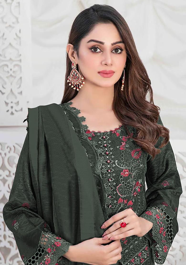 Dark Green Embroidered Faux Georgette Kurta Set