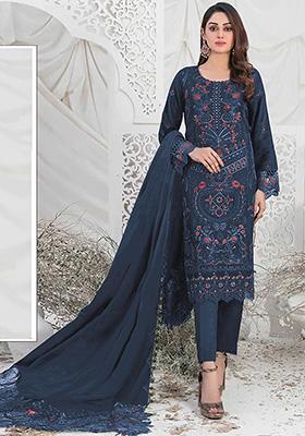 Navy Blue Embroidered Faux Georgette Kurta Set