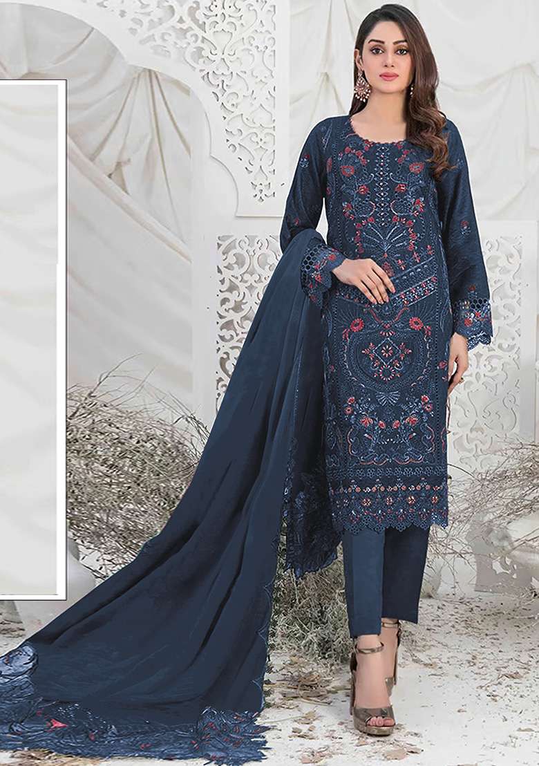 Navy Blue Embroidered Faux Georgette Kurta Set - Indya