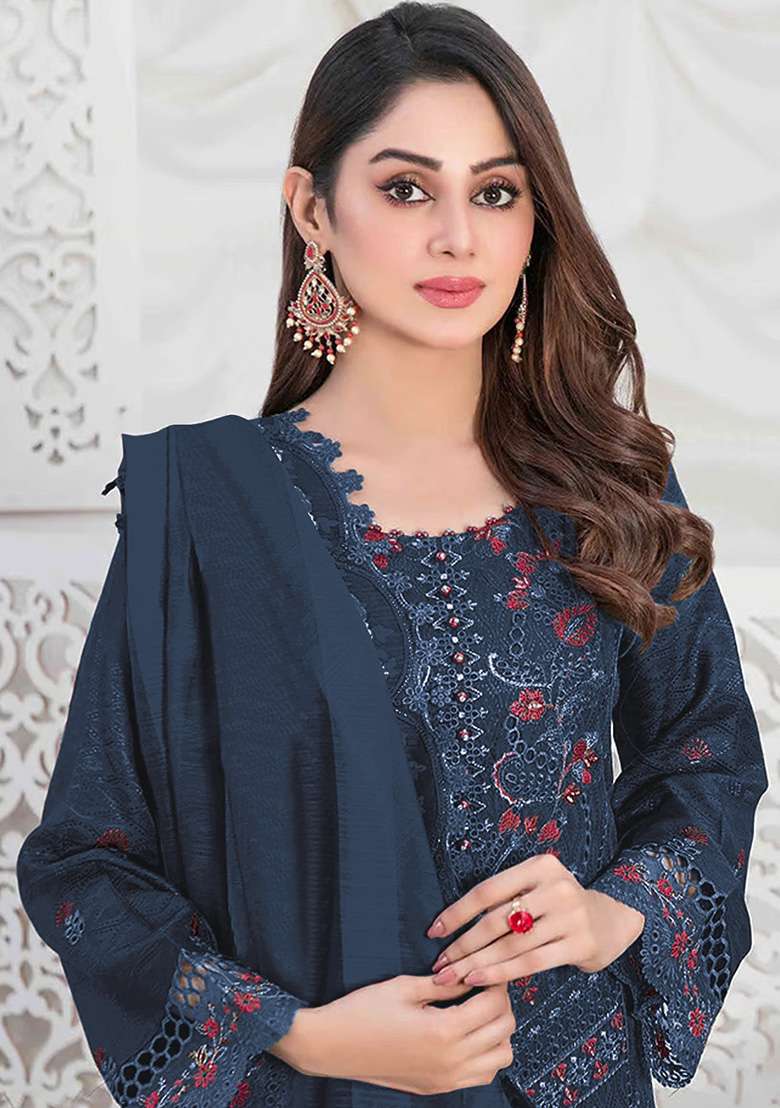 Navy Blue Embroidered Faux Georgette Kurta Set - Indya