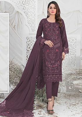 Purple Embroidered Faux Georgette Kurta Set