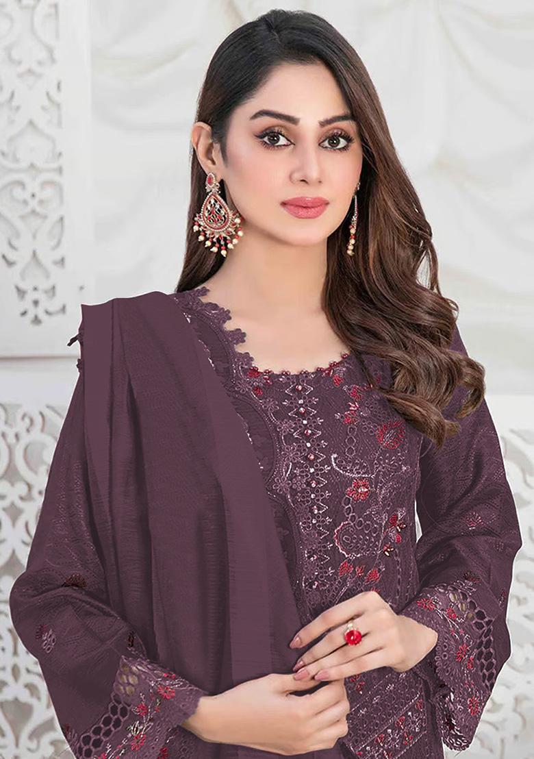 Purple Embroidered Faux Georgette Kurta Set