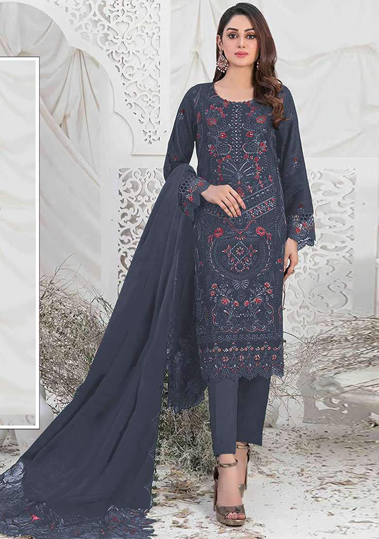 Grey Embroidered Faux Georgette Kurta Set - Indya