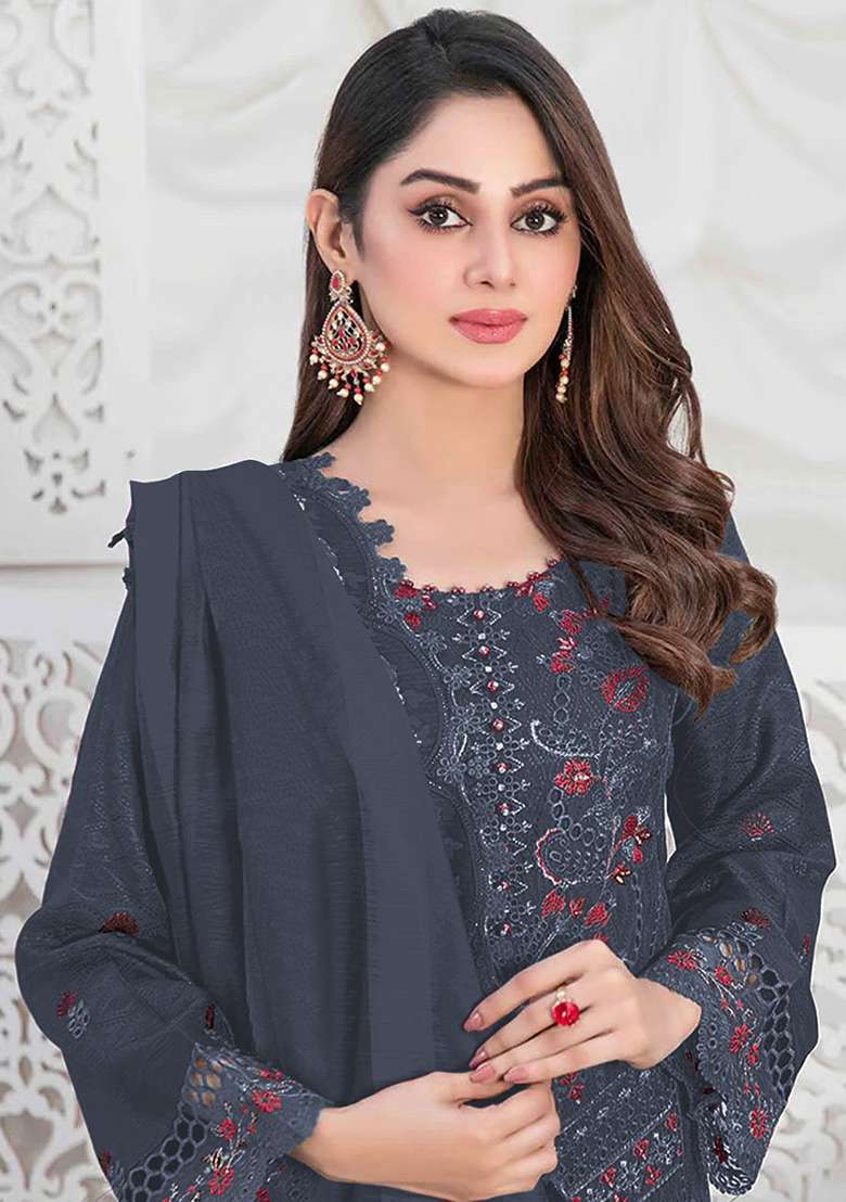 Grey Embroidered Faux Georgette Kurta Set - Indya