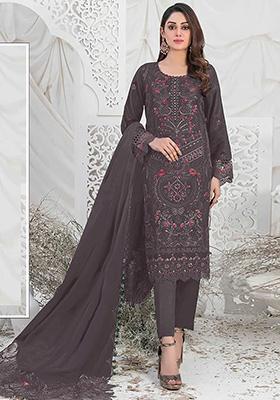 Dark Grey Embroidered Faux Georgette Kurta Set