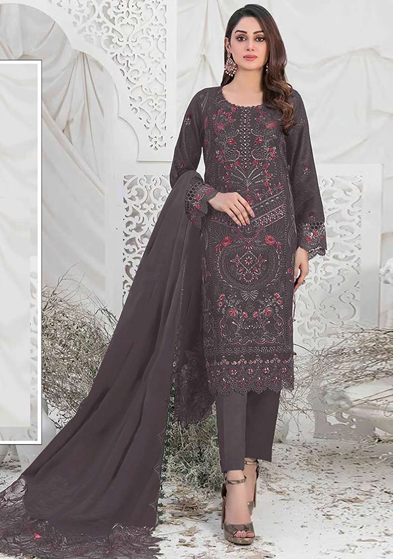 Dark Grey Embroidered Faux Georgette Kurta Set - Indya