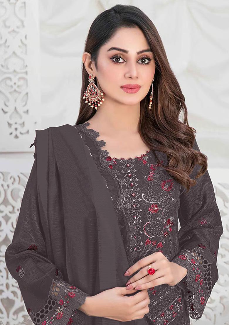 Dark Grey Embroidered Faux Georgette Kurta Set