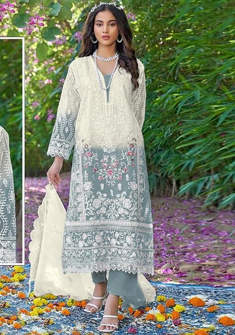 Teal Embroidered Organza Kurta Set