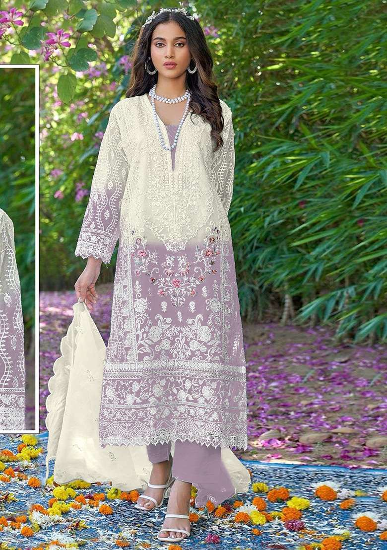 Purple Embroidered Organza Kurta Set - Indya