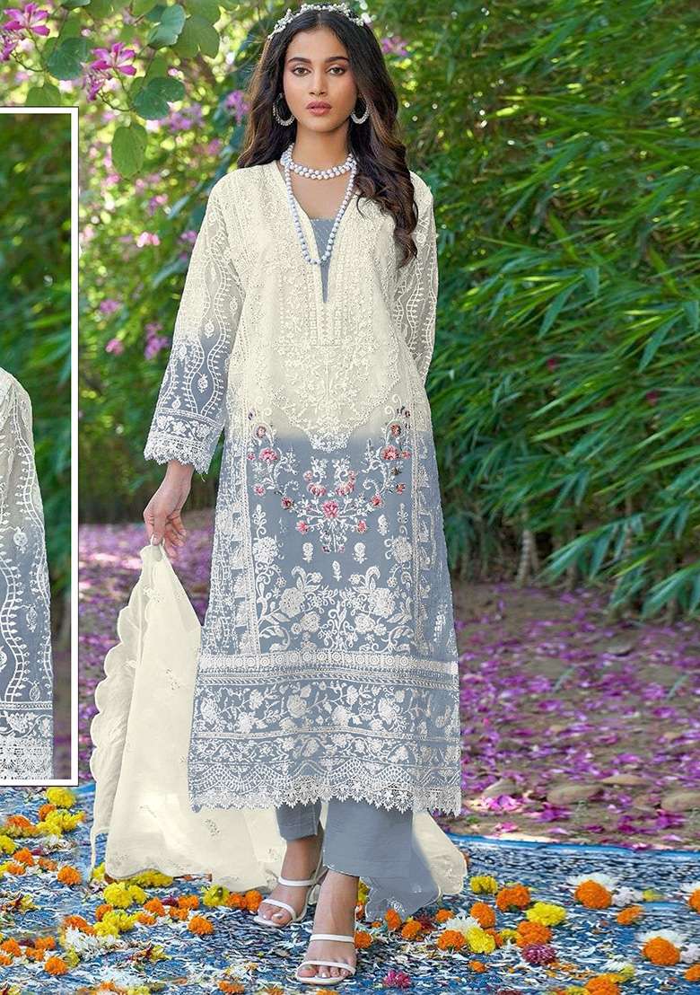 Grey Embroidered Organza Kurta Set - Indya