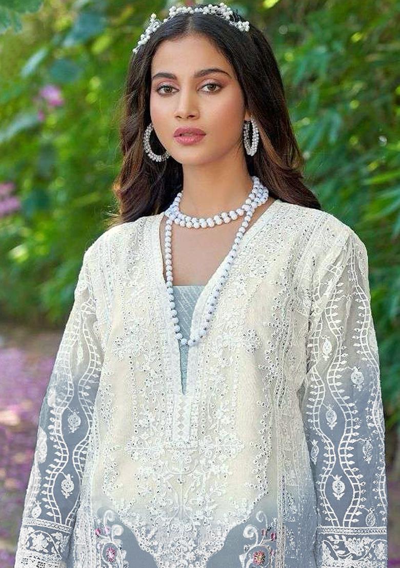 Grey Embroidered Organza Kurta Set