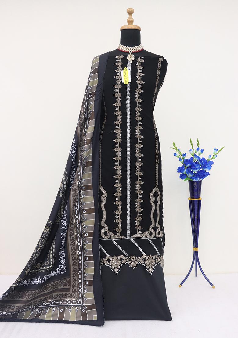 Black Embroidered Faux Georgette Kurta Set - Indya