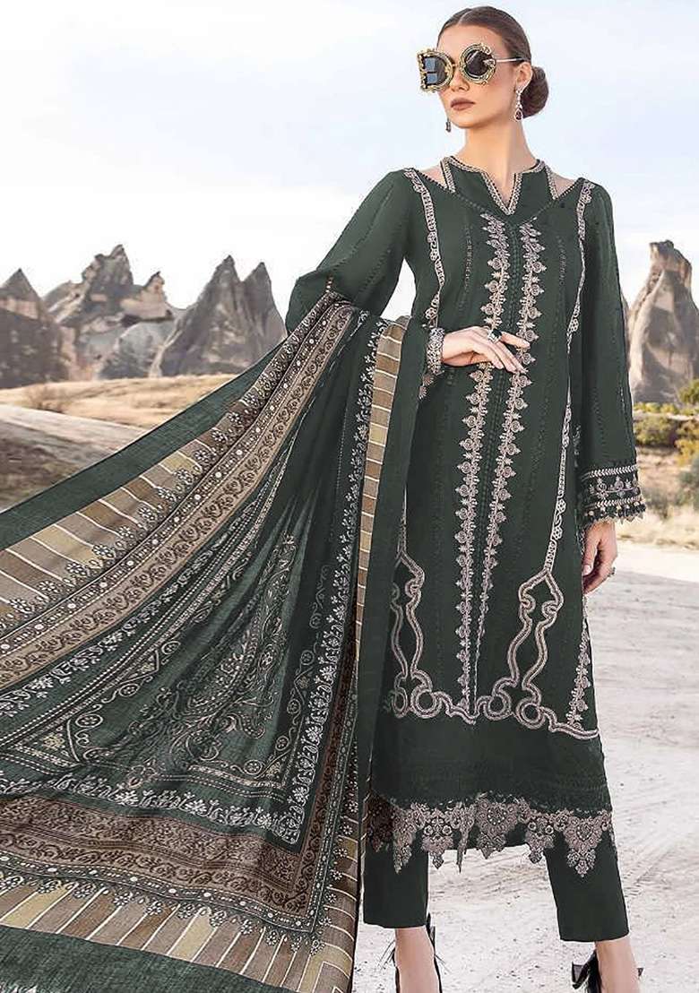 Dark Green Embroidered Faux Georgette Kurta Set - Indya