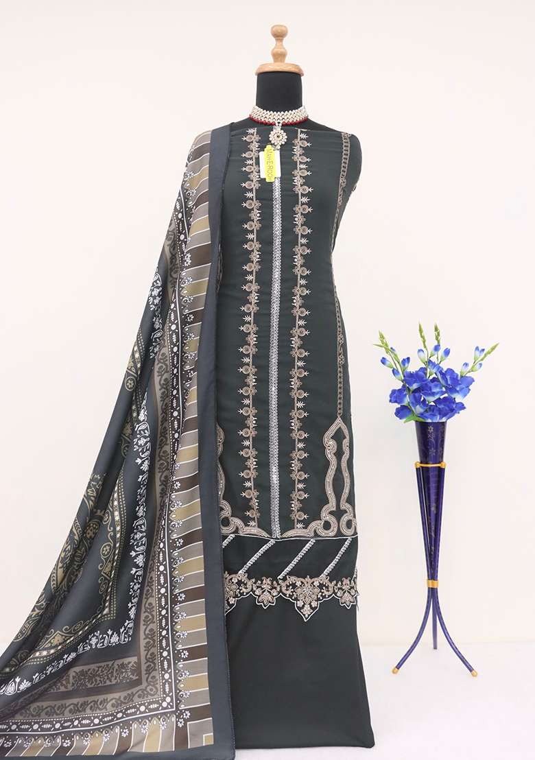 Dark Green Embroidered Faux Georgette Kurta Set - Indya