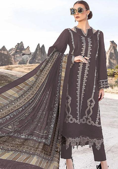 Brown Embroidered Faux Georgette Kurta Set