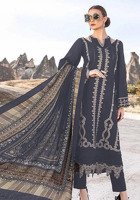 Navy Blue Embroidered Faux Georgette Kurta Set