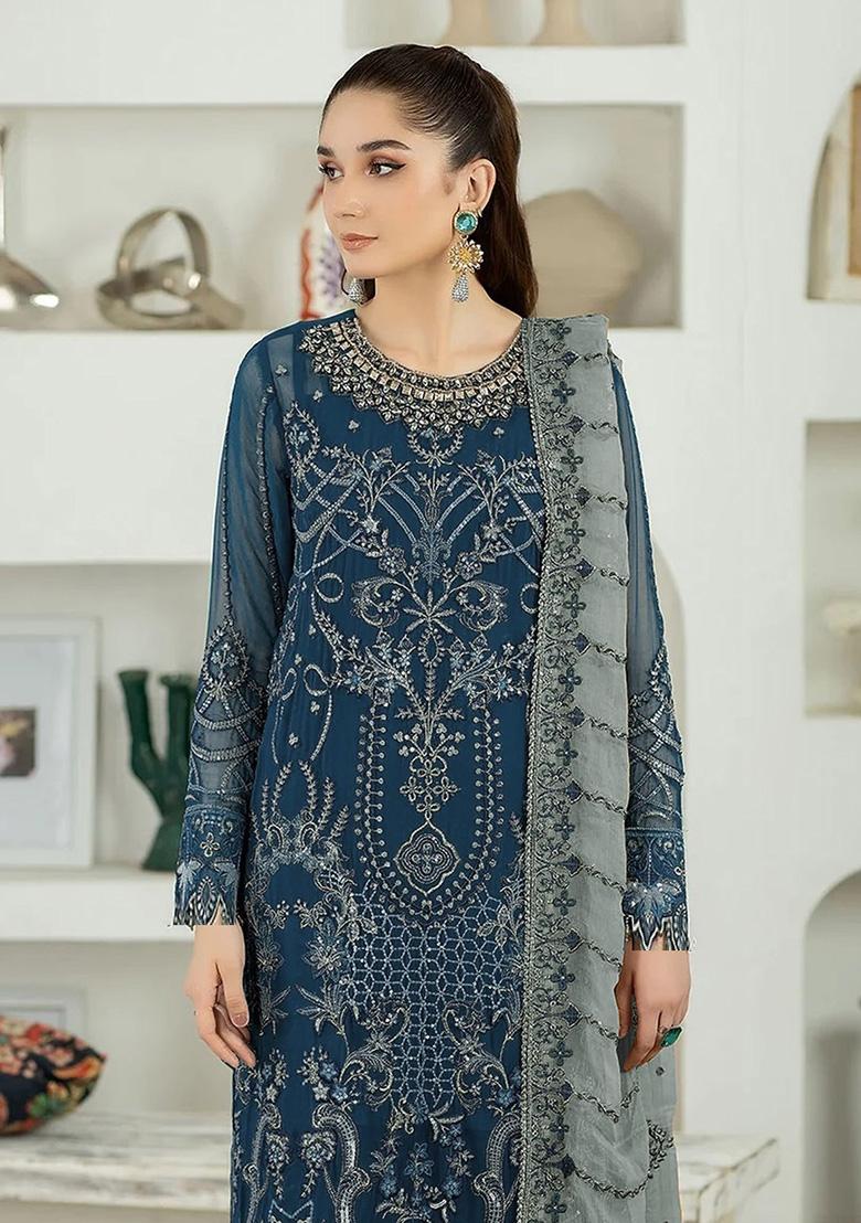 Navy Blue Embroidered Faux Georgette Kurta Set