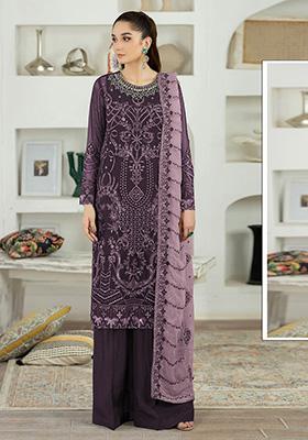 Purple Embroidered Faux Georgette Kurta Set