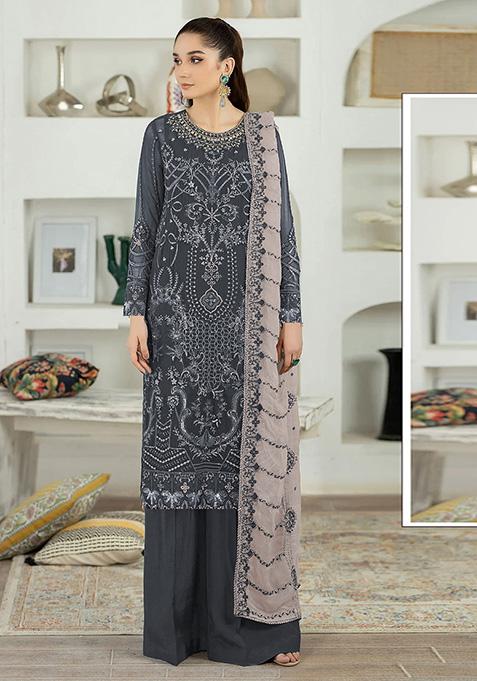 Grey Embroidered Faux Georgette Kurta Set
