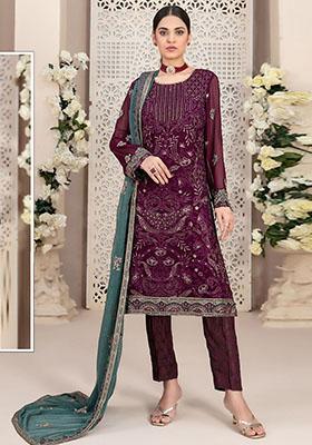 Wine Embroidered Faux Georgette Kurta Set