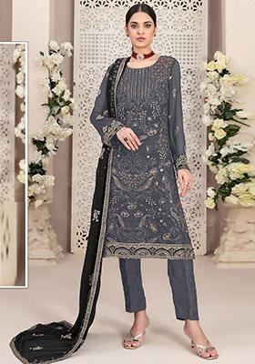 Grey Embroidered Faux Georgette Kurta Set