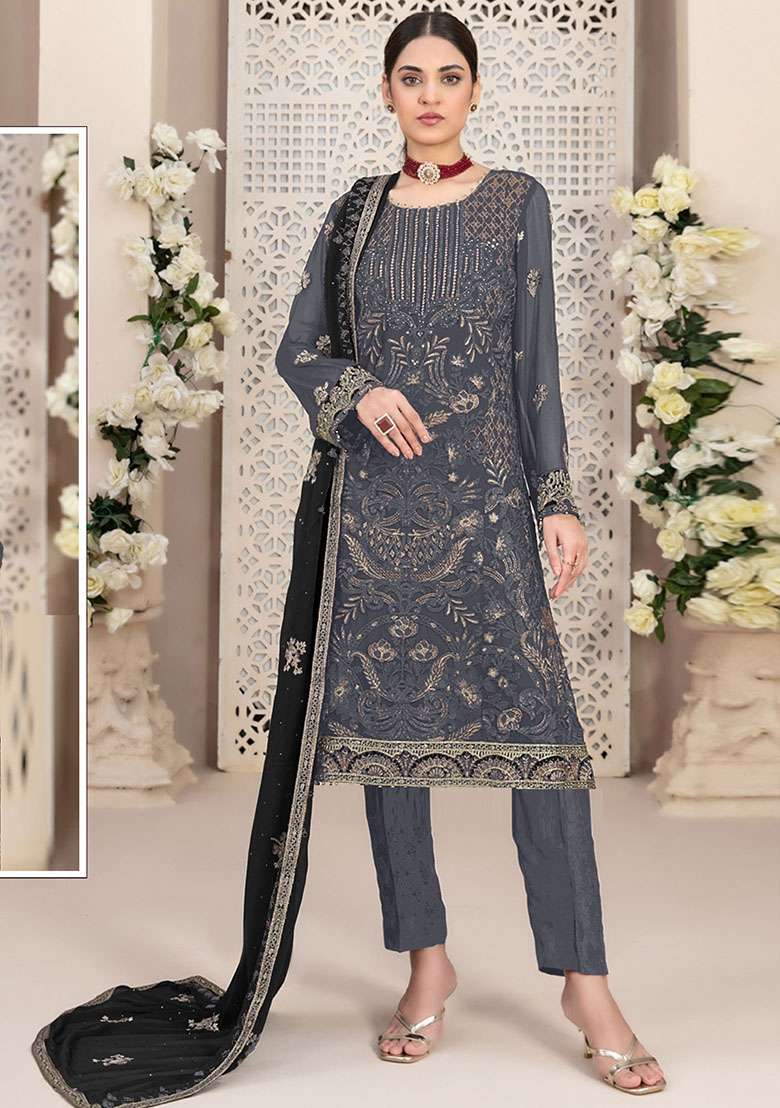 Grey Embroidered Georgette Pakistani Suit Set - Indya