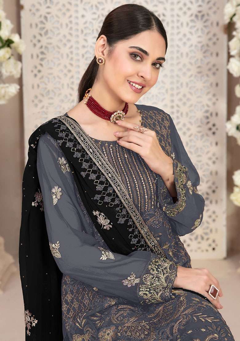 Grey Embroidered Georgette Pakistani Suit Set - Indya