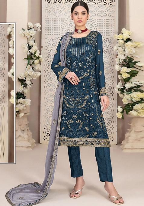 Teal Embroidered Faux Georgette Kurta Set