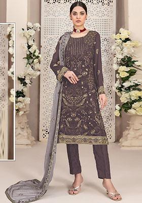 Dark Grey Embroidered Faux Georgette Kurta Set