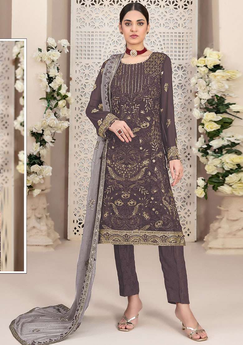 Dark Grey Embroidered Faux Blooming Pakistani Suit Set - Indya