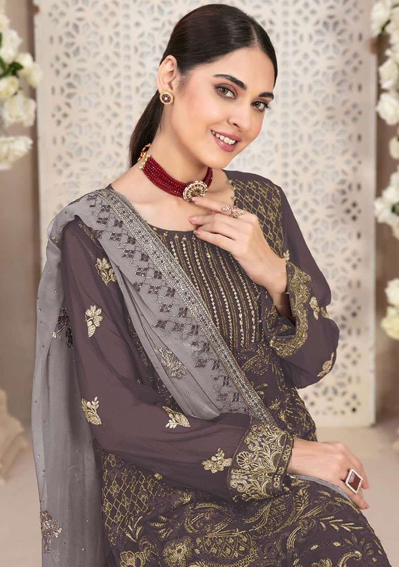 Dark Grey Embroidered Faux Blooming Pakistani Suit Set - Indya