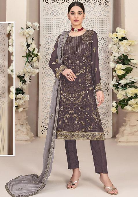 Dark Grey Embroidered Faux Georgette Kurta Set
