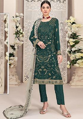 Teal Green Embroidered Faux Georgette Kurta Set