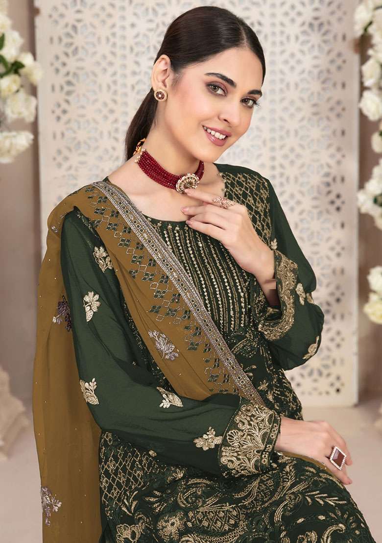 Green Embroidered Georgette Pakistani Suit Set - Indya