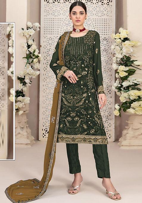 Green Embroidered Faux Georgette Kurta Set