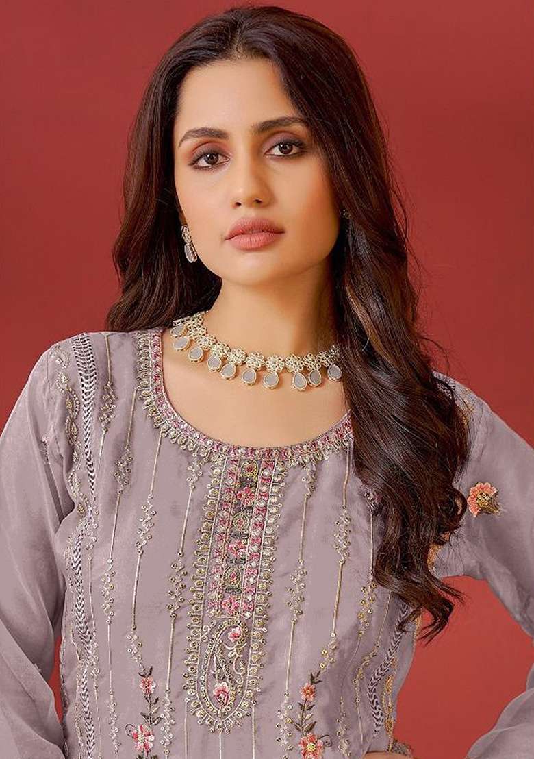 Lavender Embroidered Organza Kurta Set - Indya
