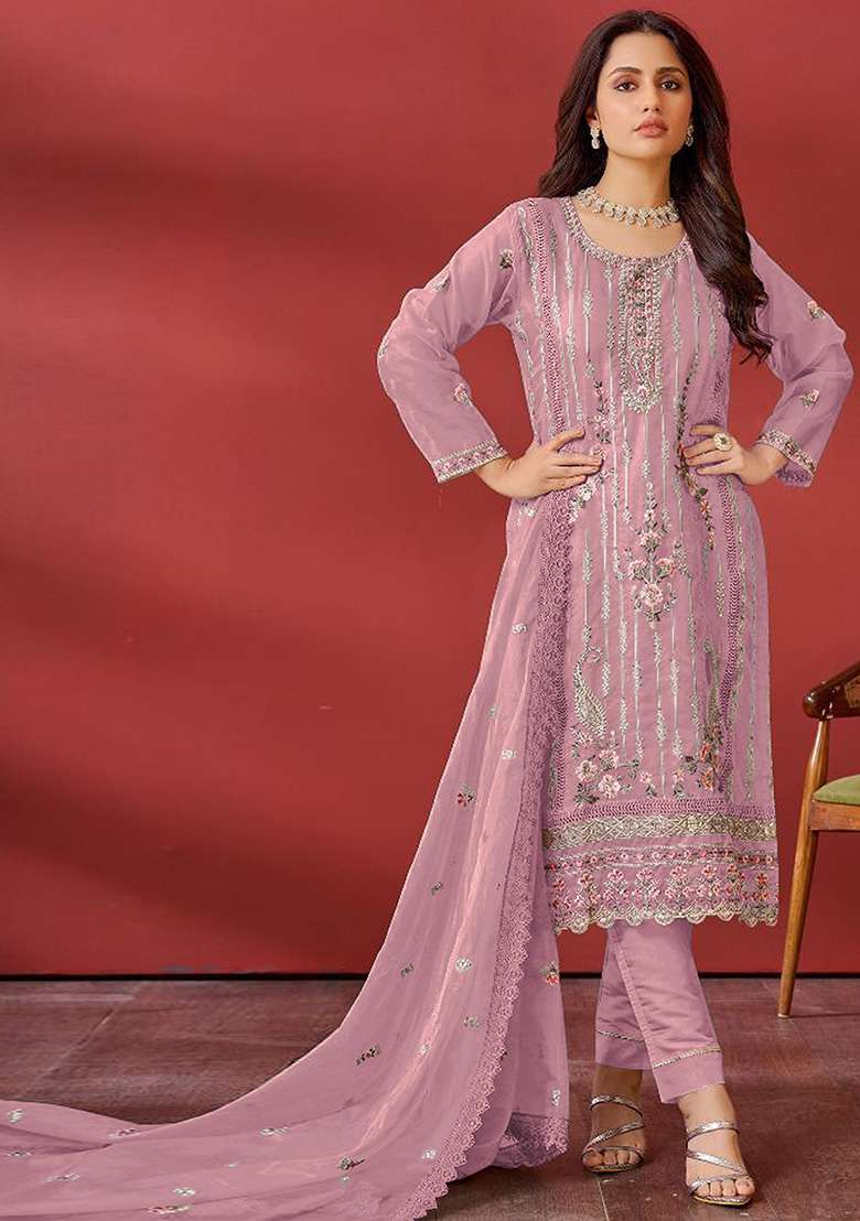 Pink Embroidered Organza Kurta Set - Indya