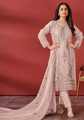 Peach Embroidered Organza Kurta Set