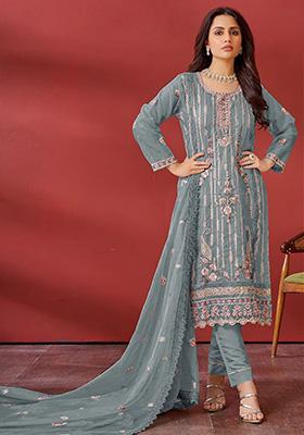 Dark Grey Embroidered Faux Georgette Kurta Set
